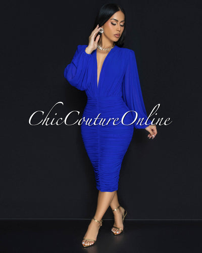 Vanica Royal-Blue Mesh Overlay Plunging V-Neck Midi Dress