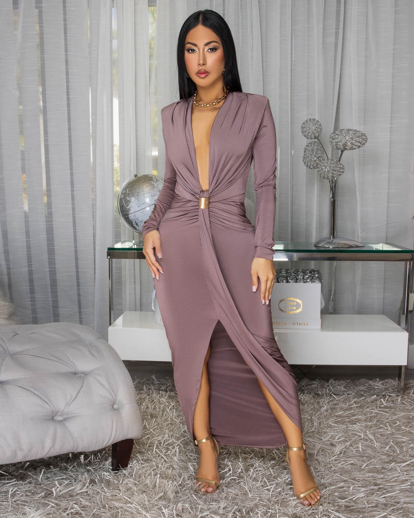 Delta Taupe Plunging V Neckline Maxi Dress