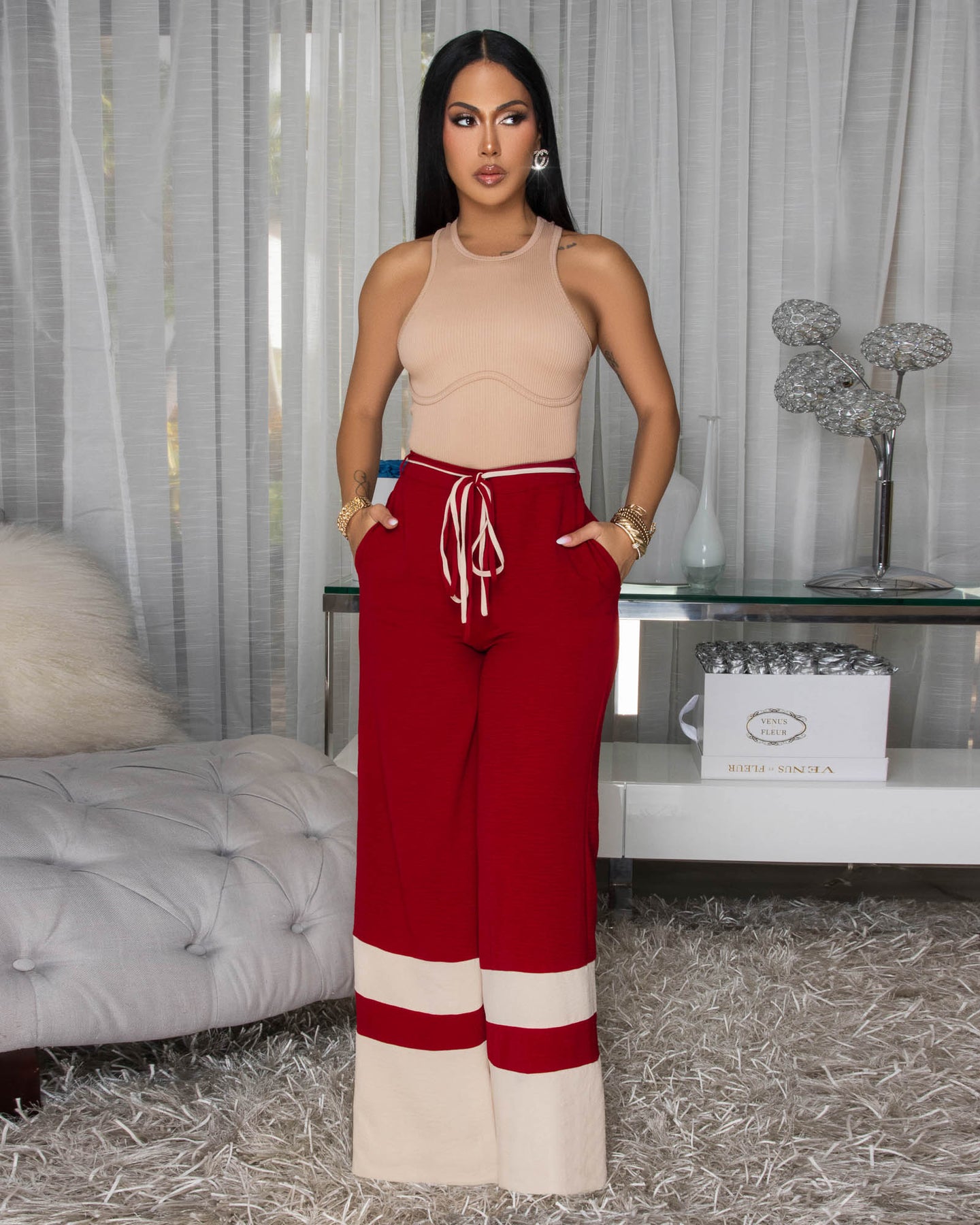 Teagan Burgundy Nude Trim Silky Pants