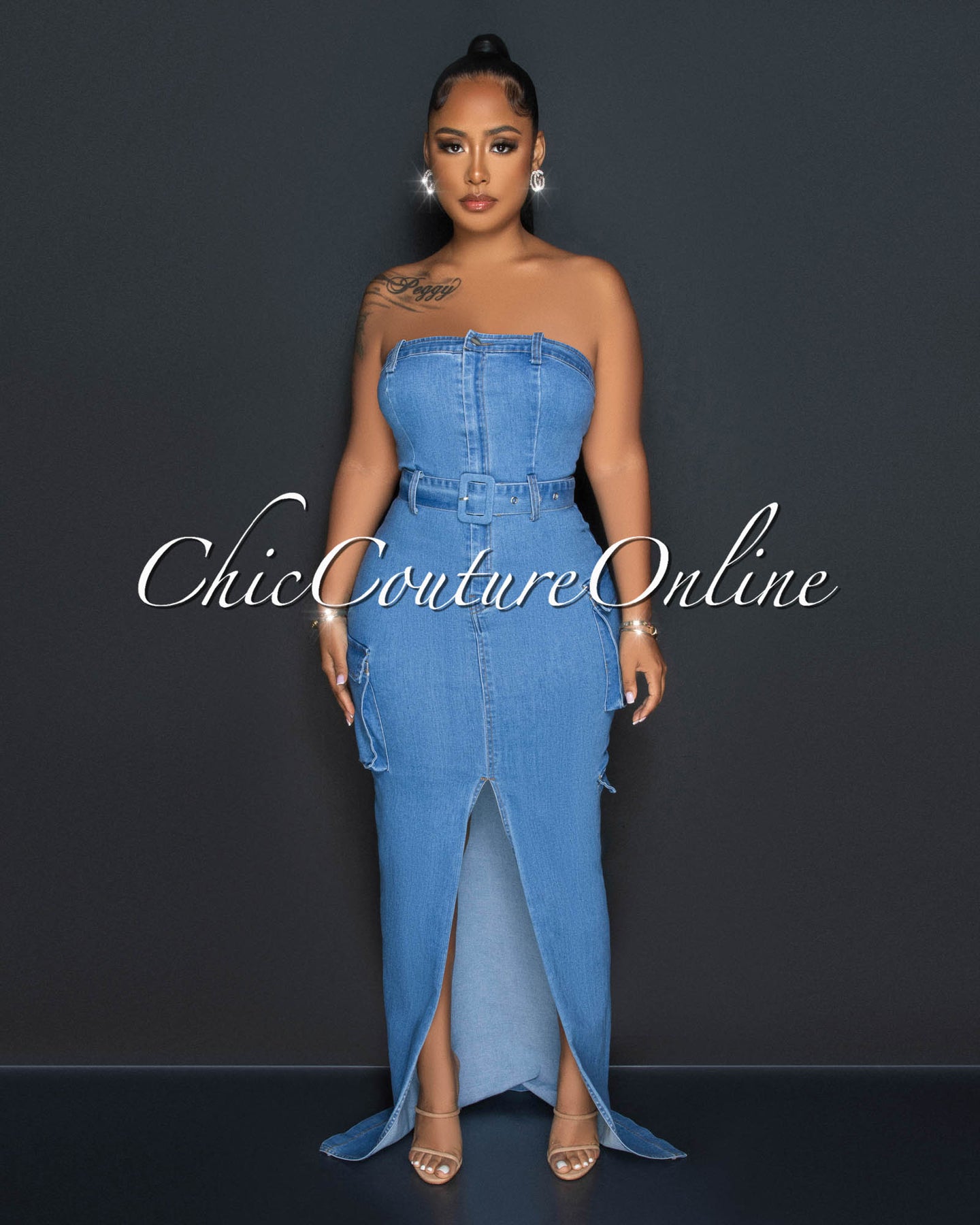*Avion Medium Blue Denim Belt Front Slit Maxi Cargo Dress