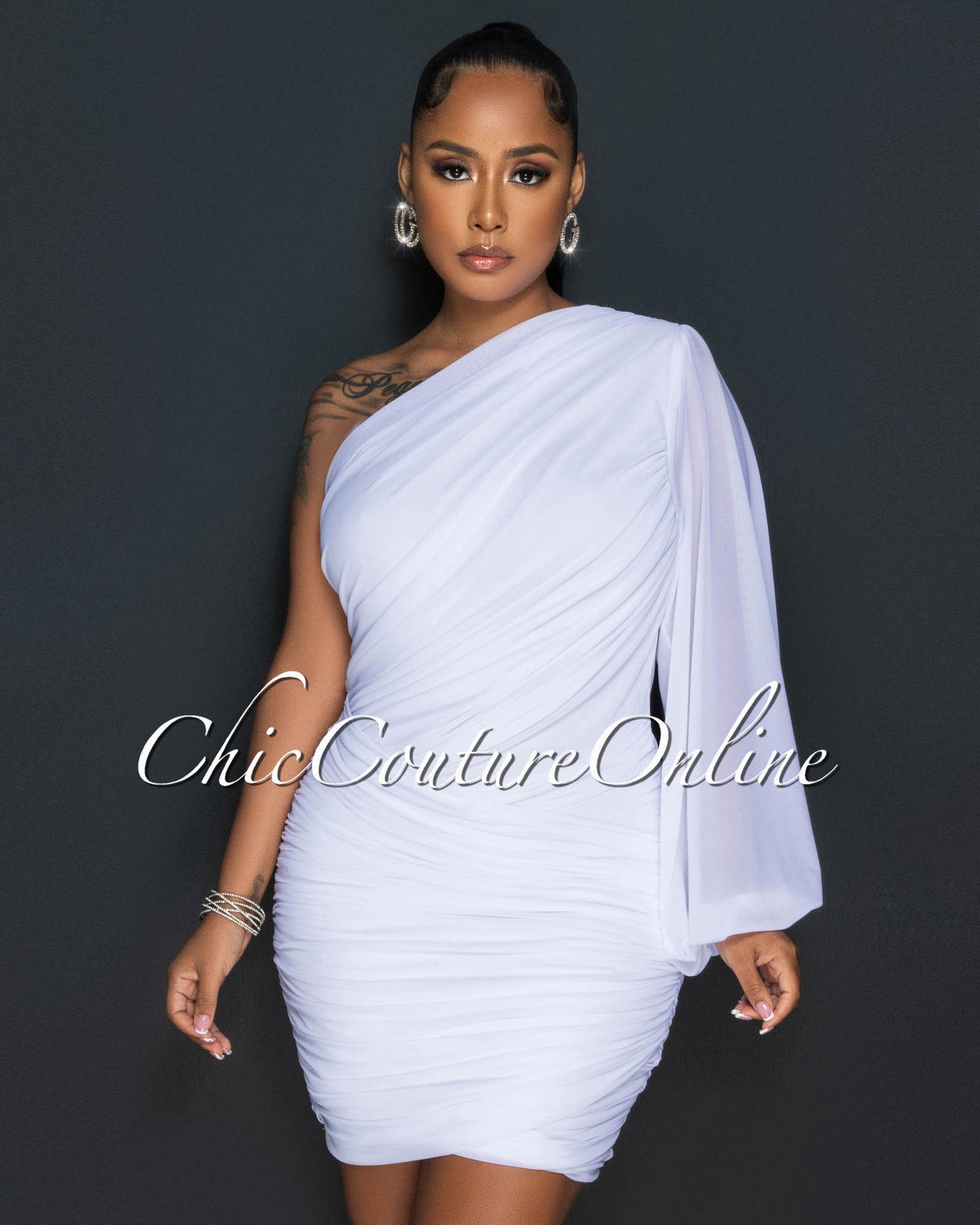 Carrey White Single Long Mesh Sleeve Draped Dress