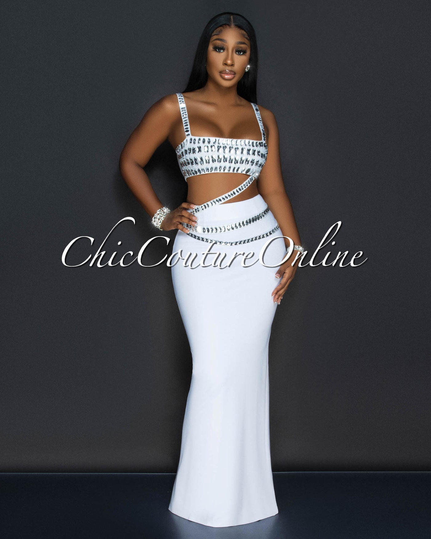 Dezire White Rhinestones Crop Top & Maxi Skirt Set