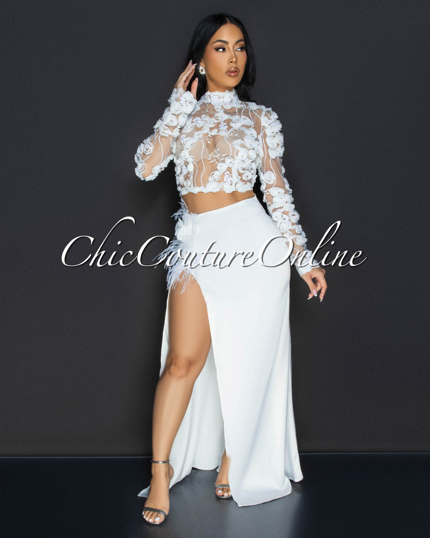 Nea White Floral Crop Top & Maxi Silk Skirt Set
