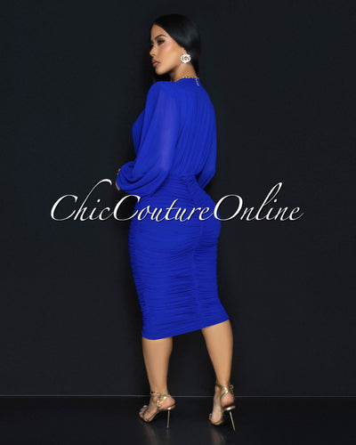 Vanica Royal-Blue Mesh Overlay Plunging V-Neck Midi Dress