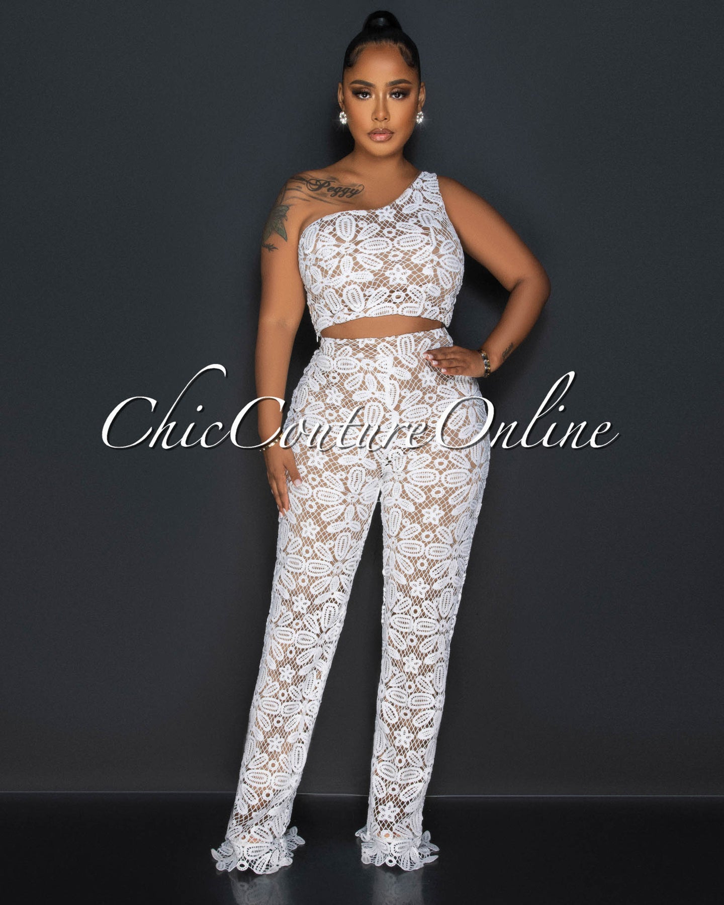 *Lumen Off-White Lace Single Shoulder Top & Flare Leg Pants Set