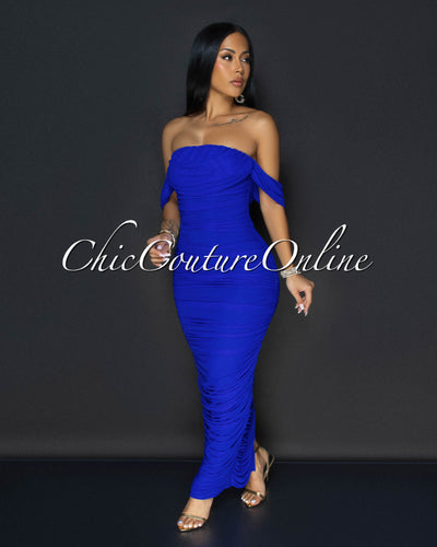 Vella Royal-Blue Mesh Overlay Ruched Off-The Shoulder Dress