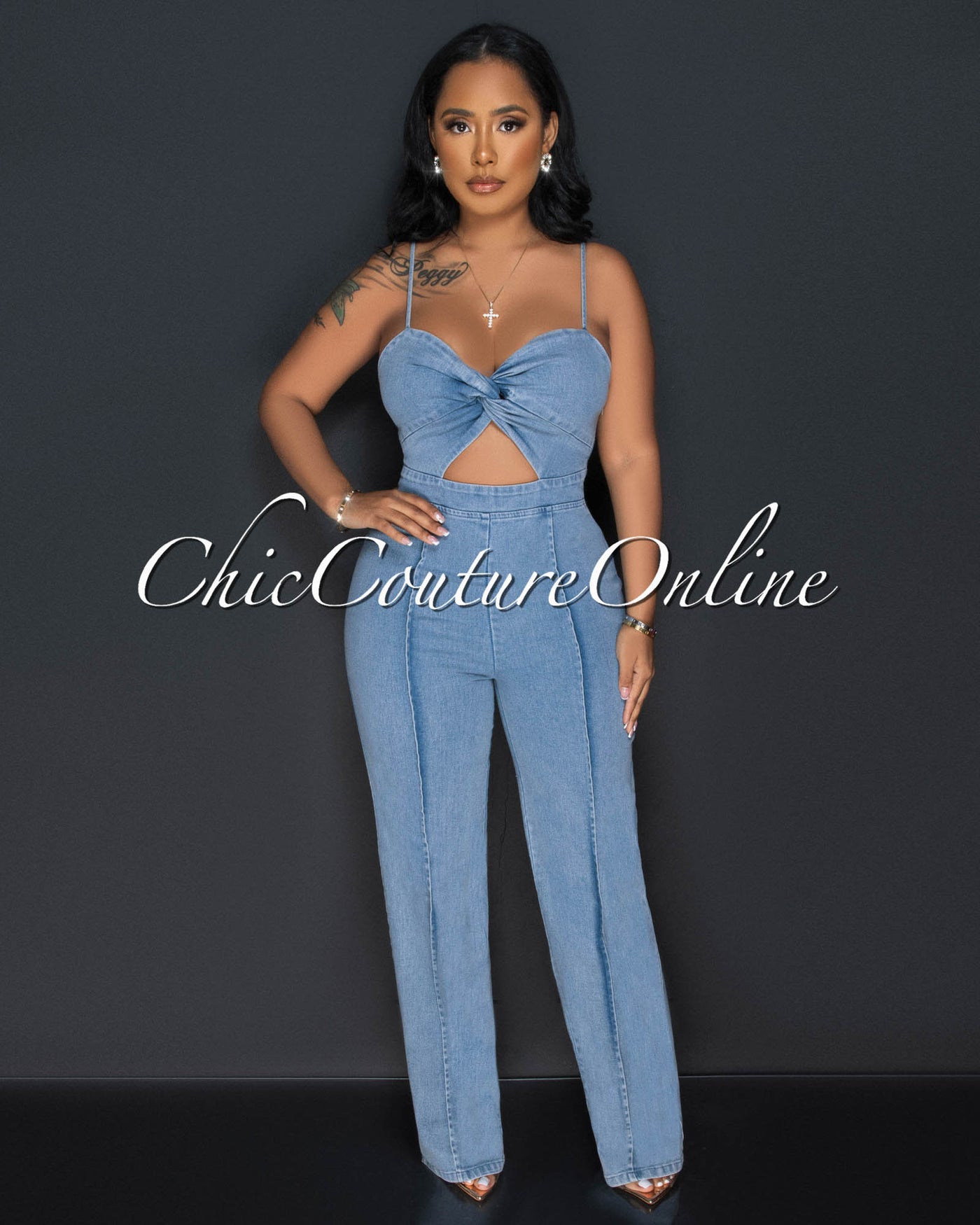 Velicia Light Denim Bust Knot Jumpsuit