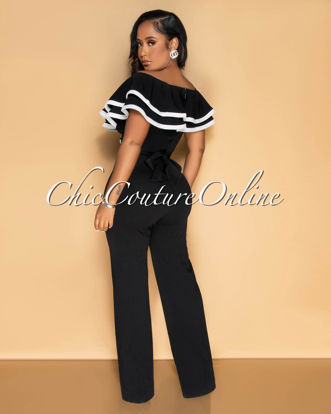 Mara Black White Trim Ruffle Bust Jumpsuit