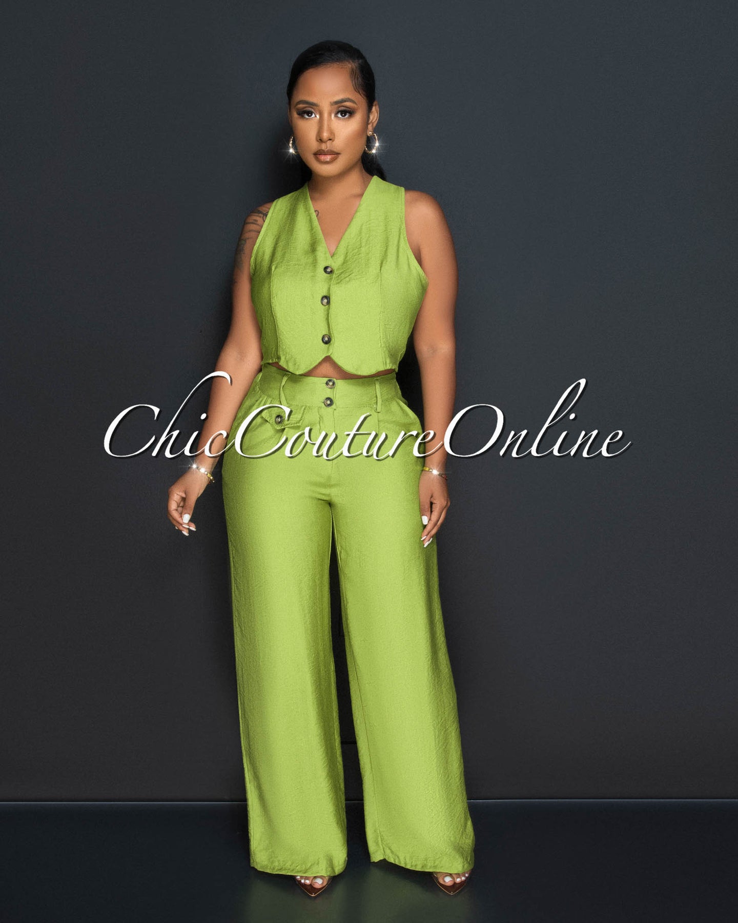 Orene Lime Green Buttons Crop Top & Wide Pants Set
