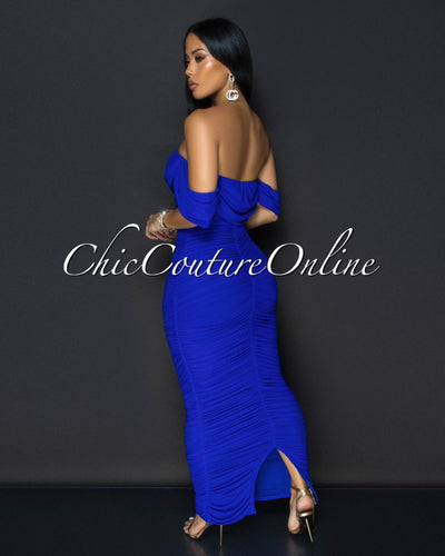 Vella Royal-Blue Mesh Overlay Ruched Off-The Shoulder Dress