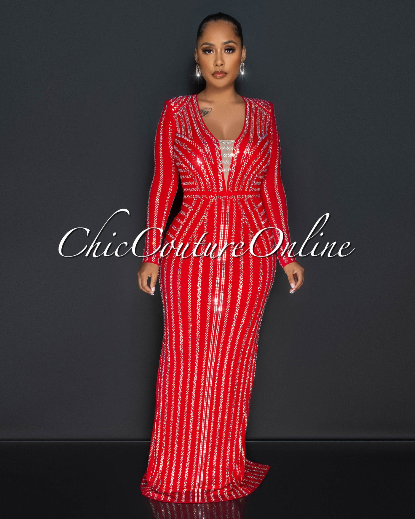 Demetria Red Silver Rhinestones Maxi Dress