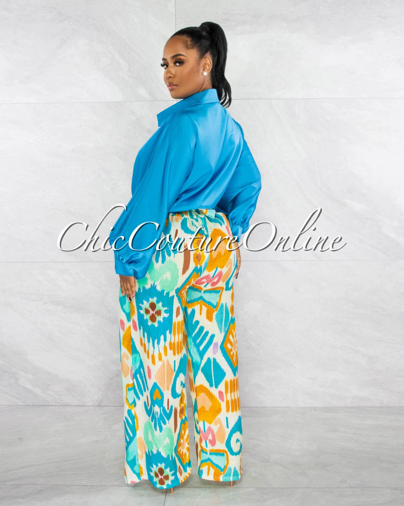 Pilar Turquoise Wide Sleeves Silky Blouse