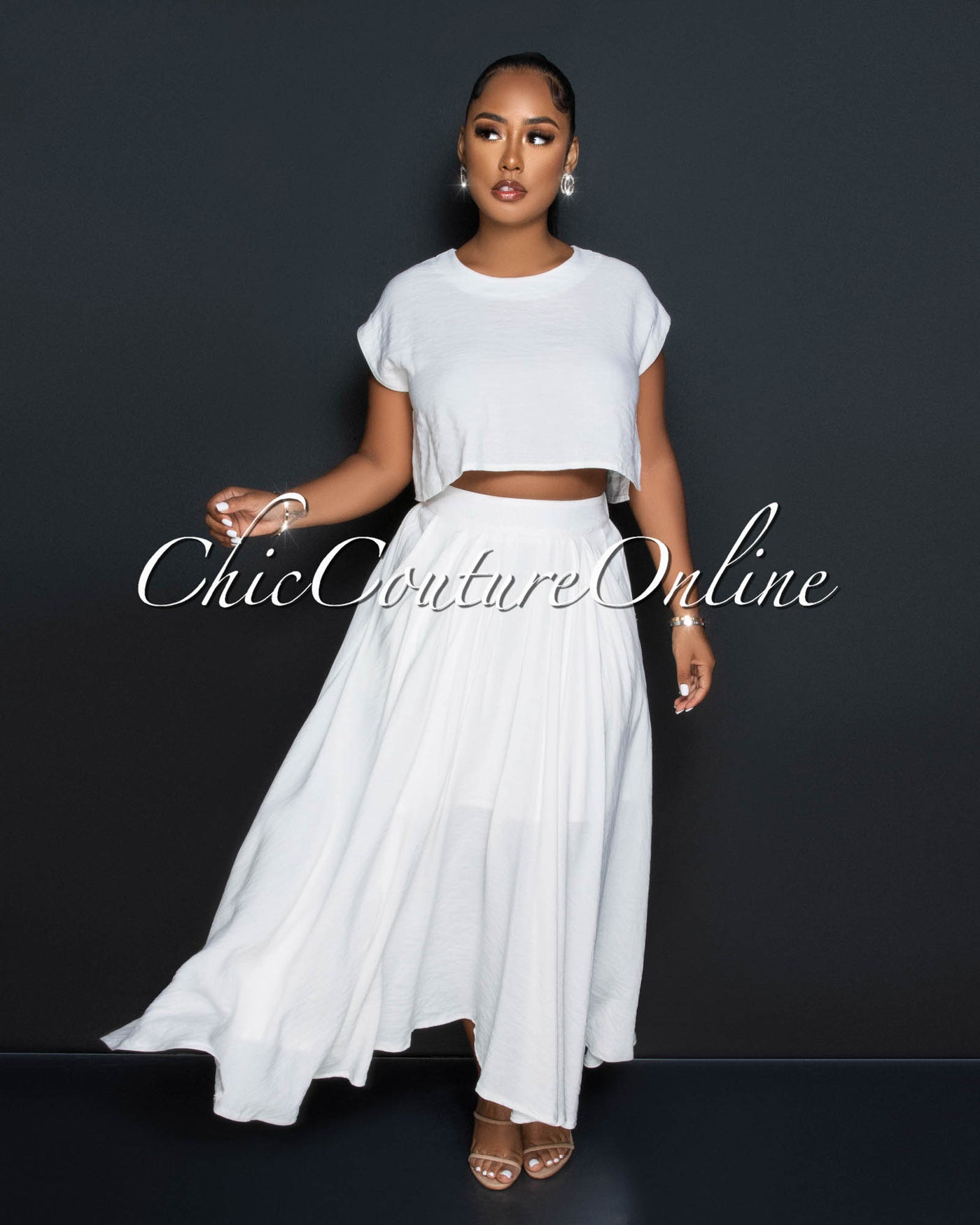 Desideria Off-White Crop Top & Maxi Skirt Set