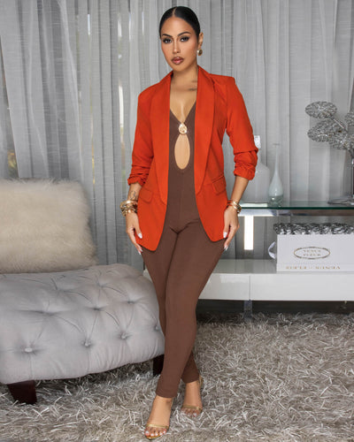 Drecka Burnt Orange Ruched Sleeves Blazer