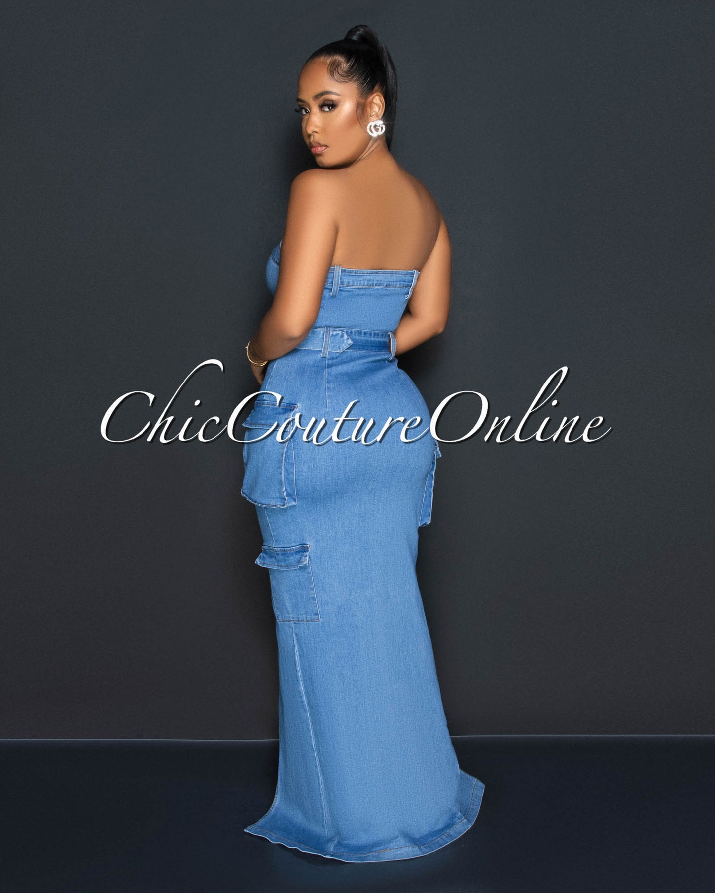 *Avion Medium Blue Denim Belt Front Slit Maxi Cargo Dress