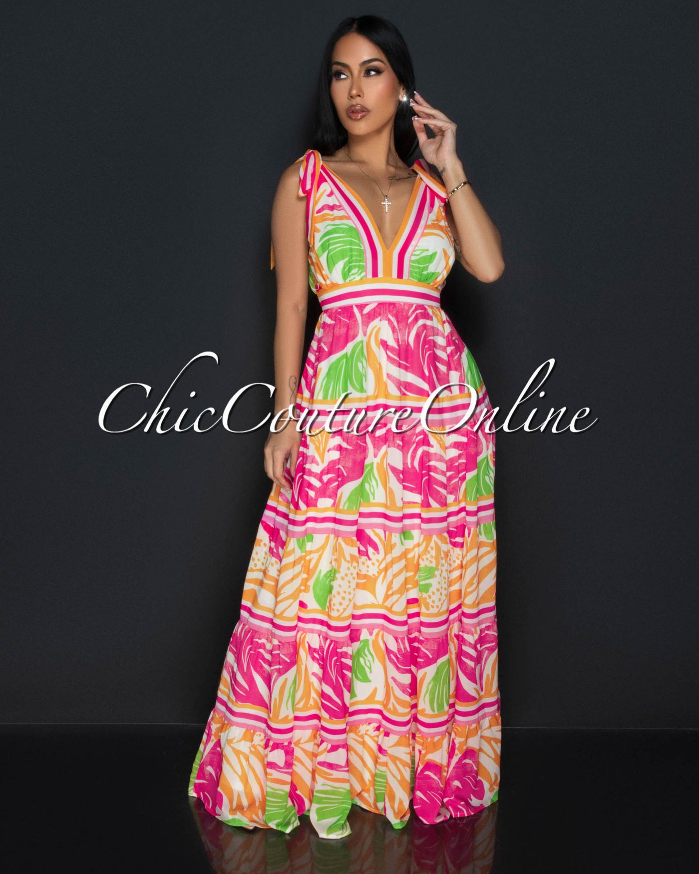Adiva Fuchisa Mustard Floral Print V-Neck Maxi Dress