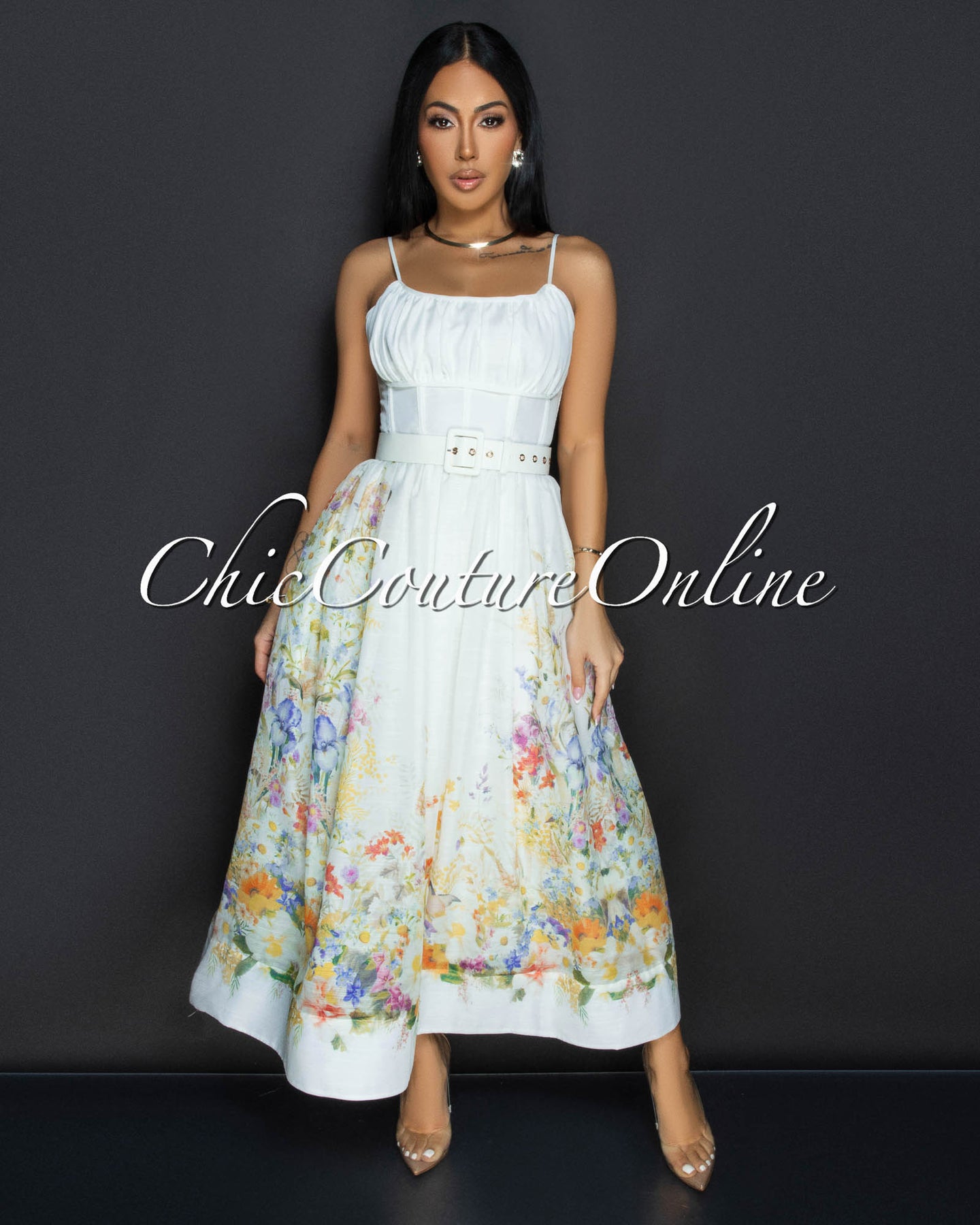 Peserico Off-White Multi-Color Floral Print Gold Belted Midi Dress