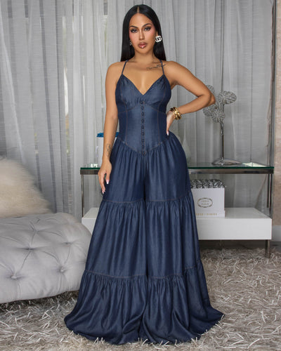 Bernadette Dark Wash Denim Tiered Wide Legs Jumpsuit