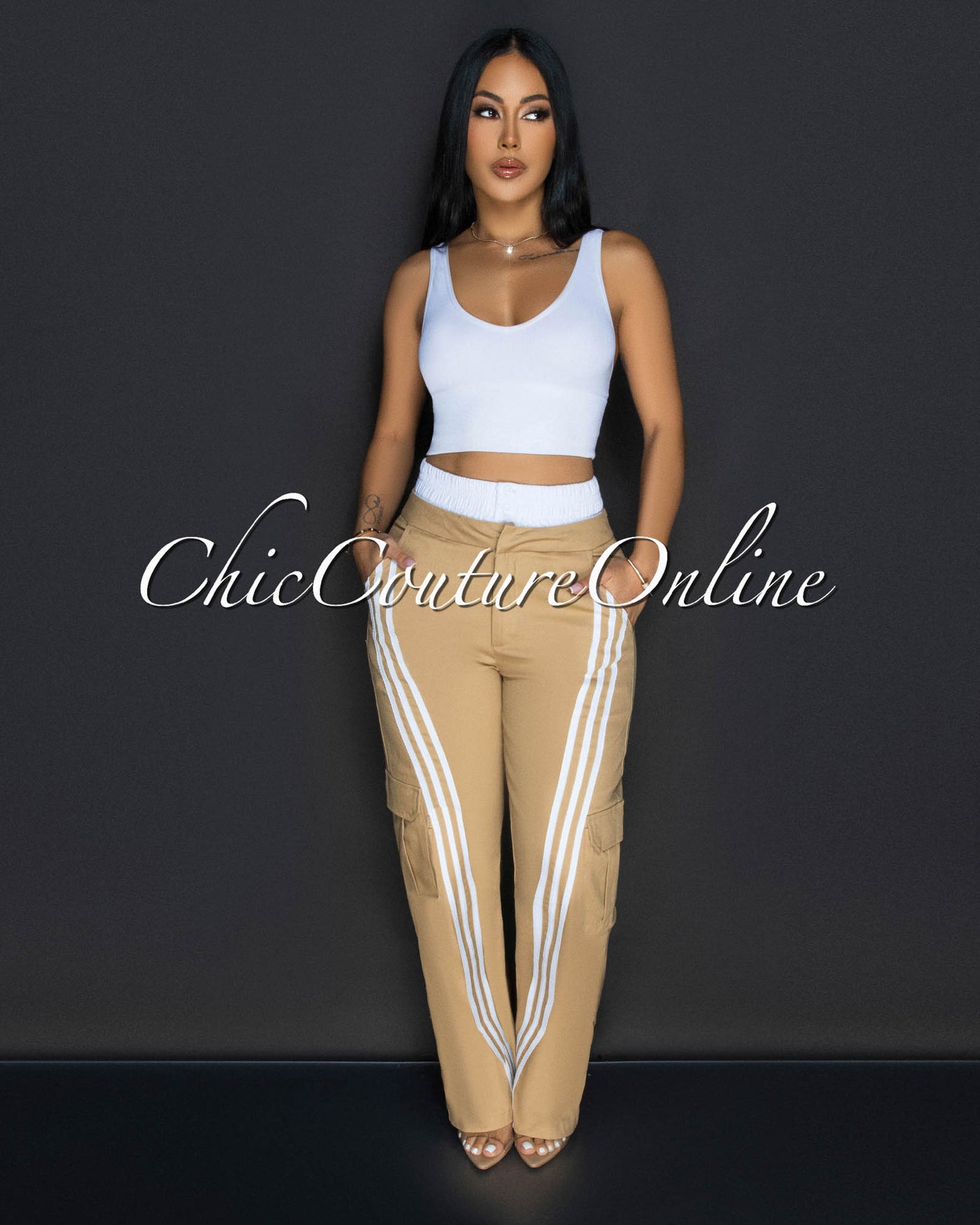 Elliz Khaki White Sporty Cargo Pants