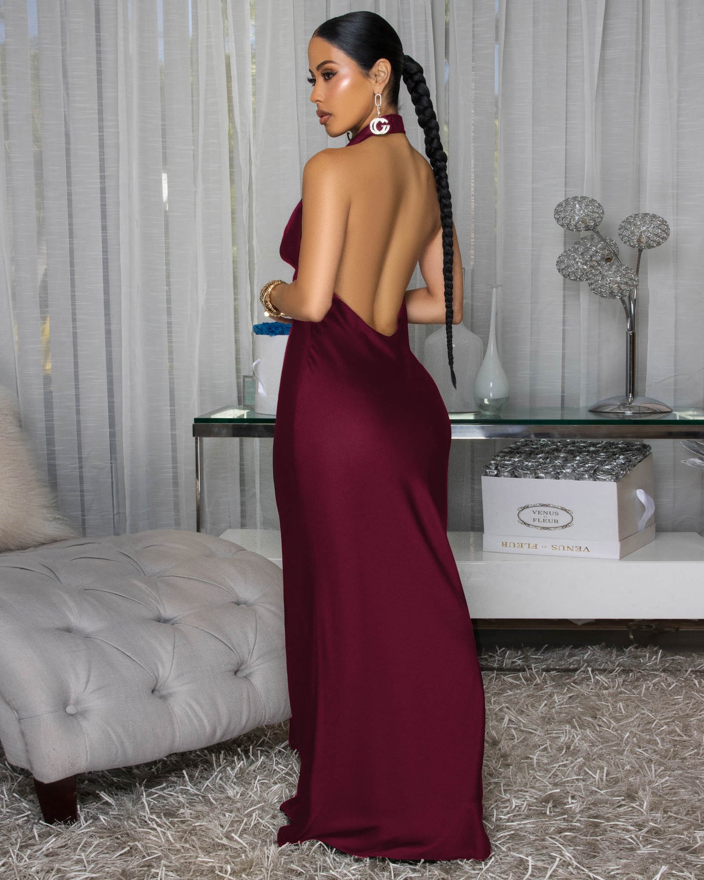 Dahlia Eggplant Draped Halter Maxi Dress (9/3/25)
