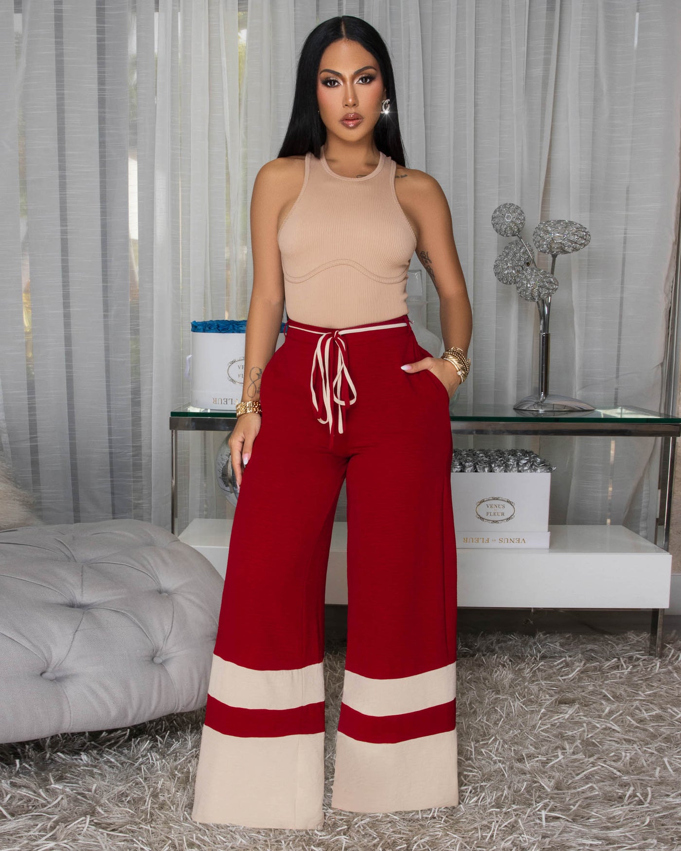 Teagan Burgundy Nude Trim Silky Pants