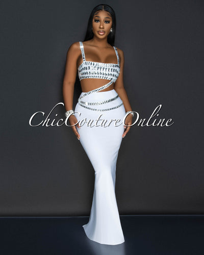 Dezire White Rhinestones Crop Top & Maxi Skirt Set