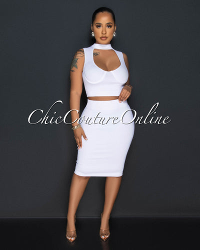 Odera White Bust Cut-Out Crop Top & SCULPTING Skirt Set