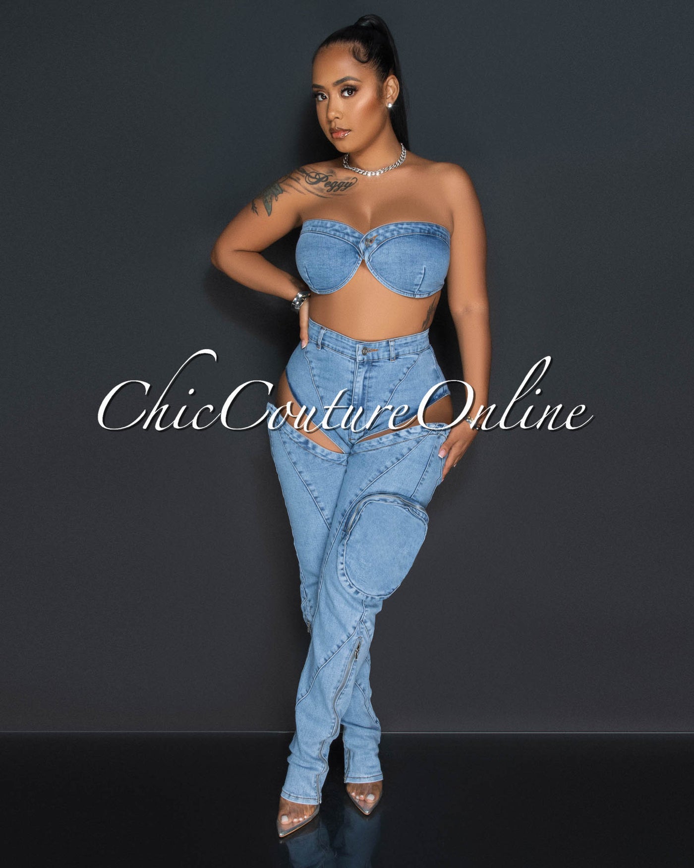 Maine Light Denim Crop Top & Cut-Out Jeans Set