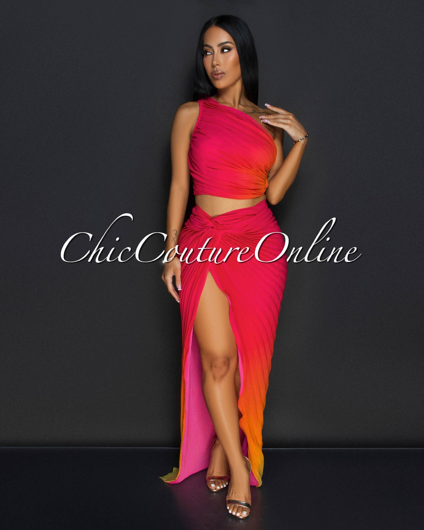 Vola Fuchsia Orange Pleated Top & Skirt Set