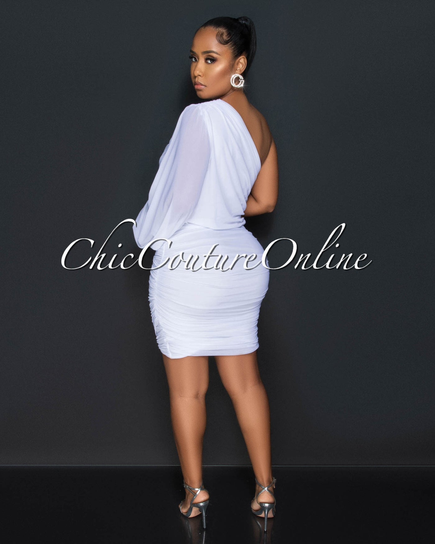 Carrey White Single Long Mesh Sleeve Draped Dress