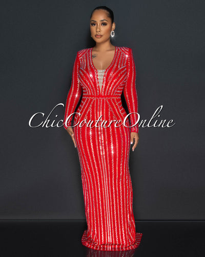 Demetria Red Silver Rhinestones Maxi Dress