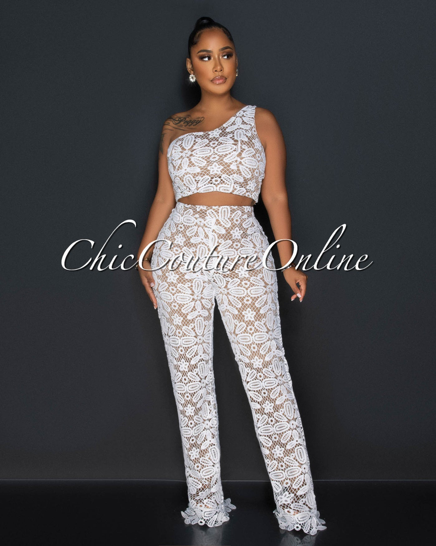 Lumen Off-White Lace Single Shoulder Top & Flare Leg Pants Set