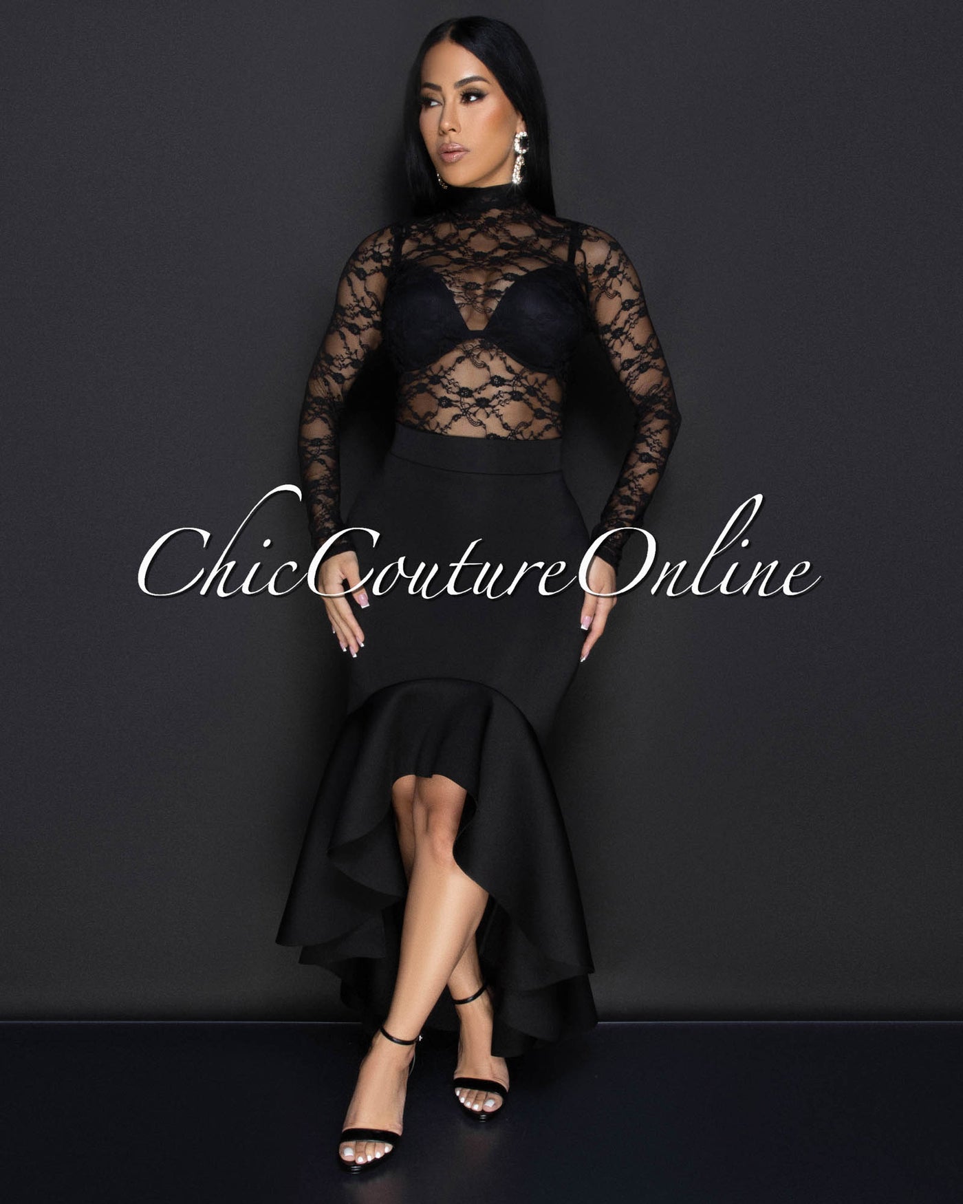 Primrose Black Lace Bodysuit & Hi-Lo Skirt Set