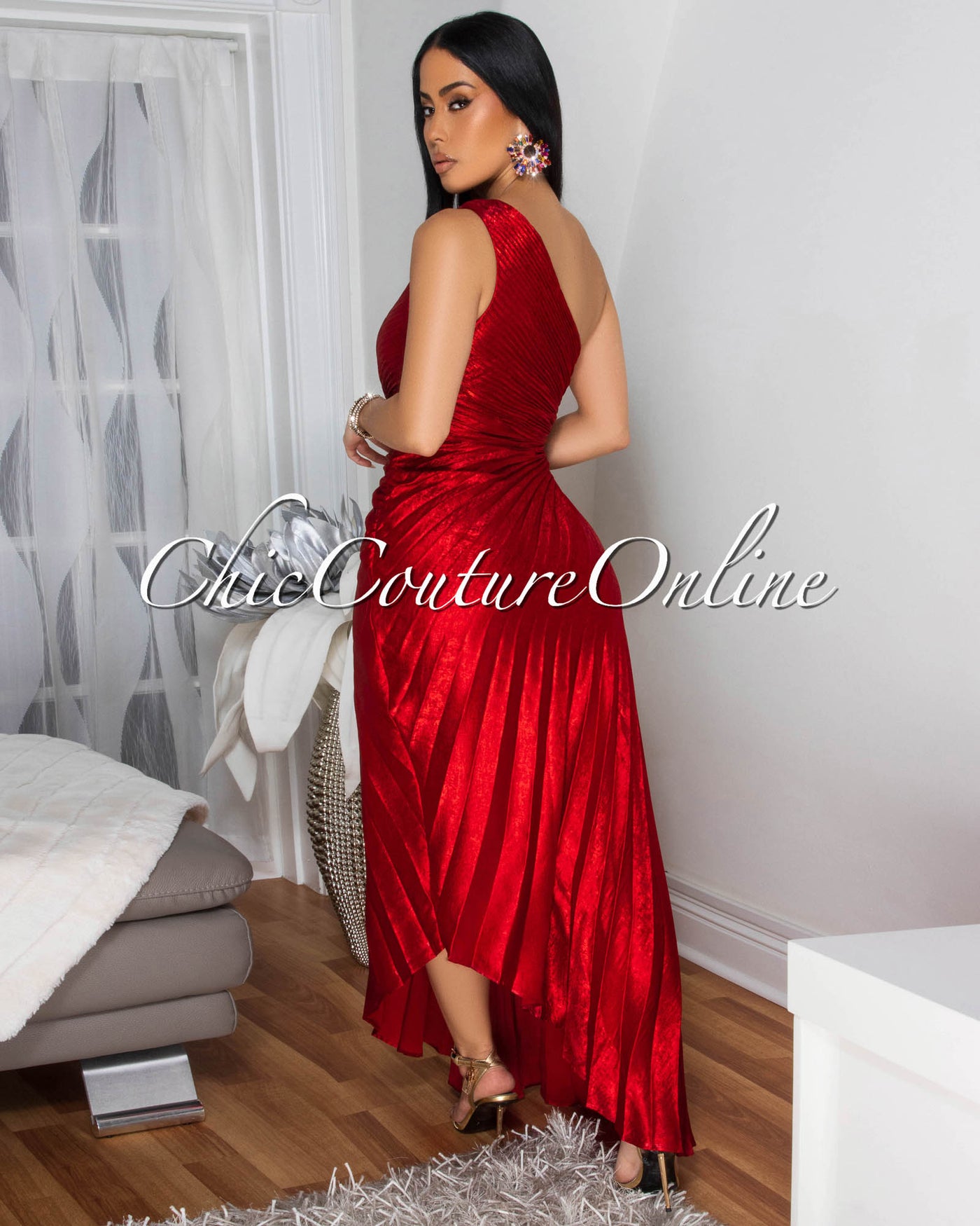 Jovinia Red Pleated Single Shoulder Maxi Dress