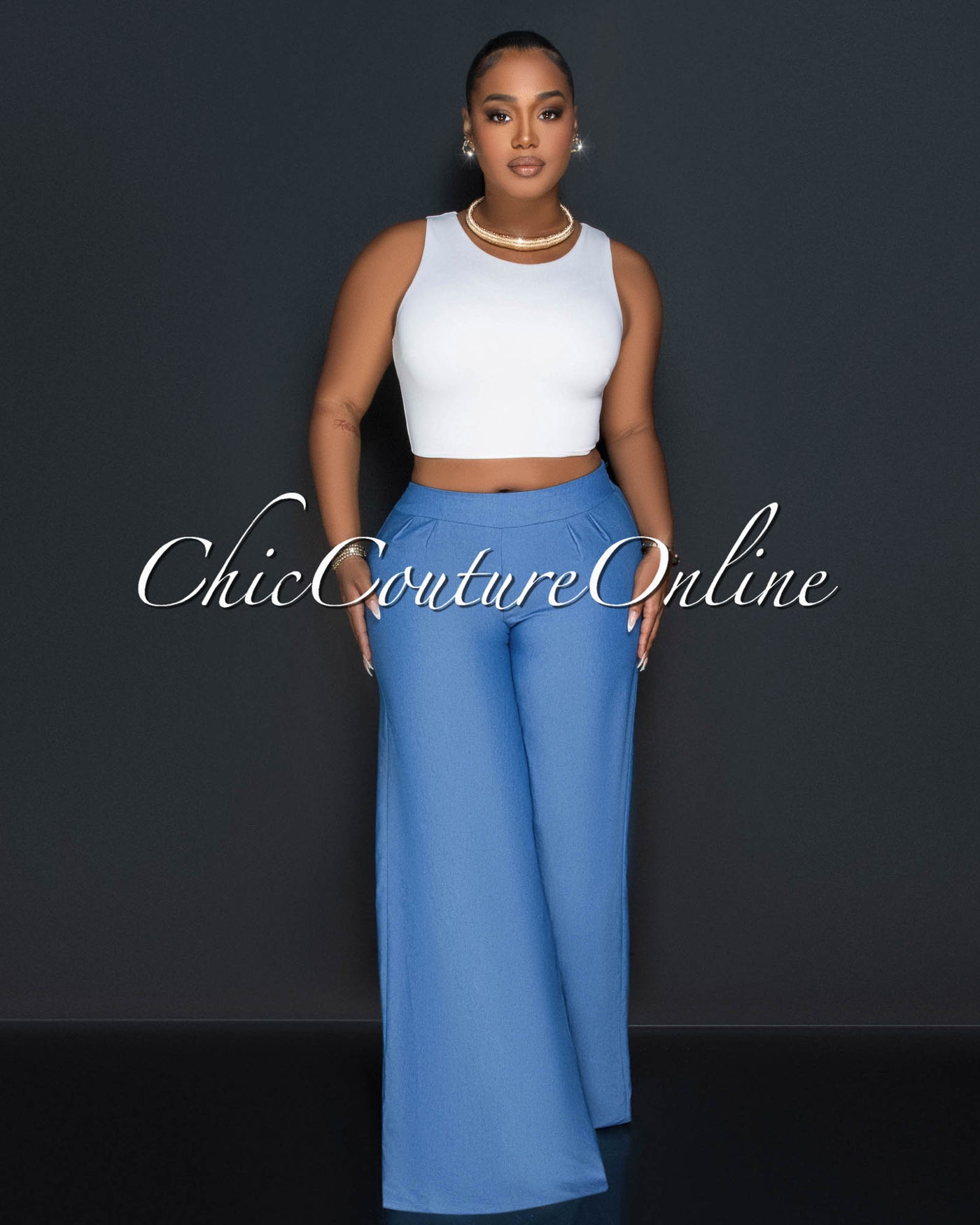 Lorina White Racerback Top & Chambray Wide Pants Set