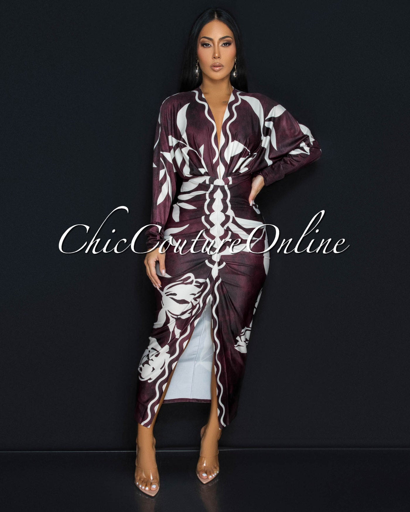 Maluma Maroon Cream Print Midi Dress