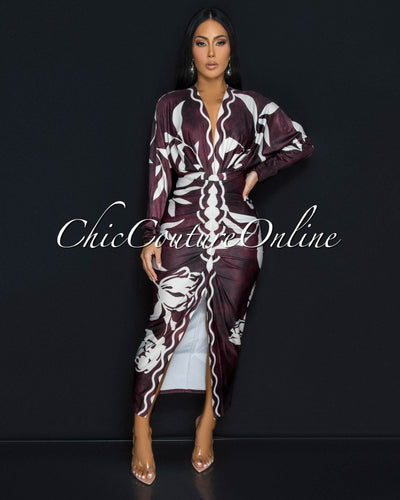 Maluma Maroon Cream Print Midi Dress