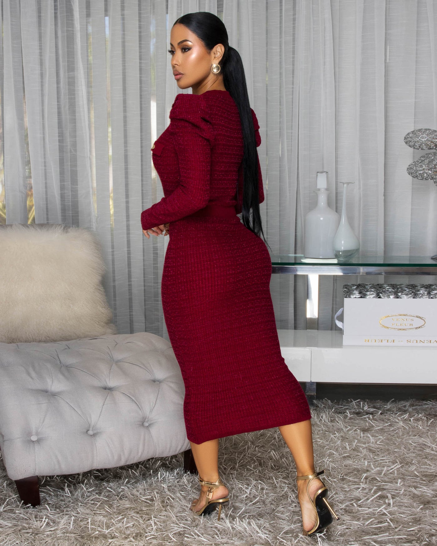 Novia Burgundy Gold Shimmer Knit Midi Dress