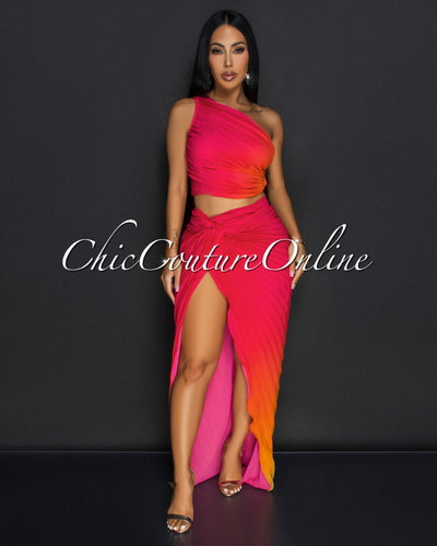 Vola Fuchsia Orange Pleated Top & Skirt Set