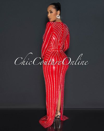 Demetria Red Silver Rhinestones Maxi Dress