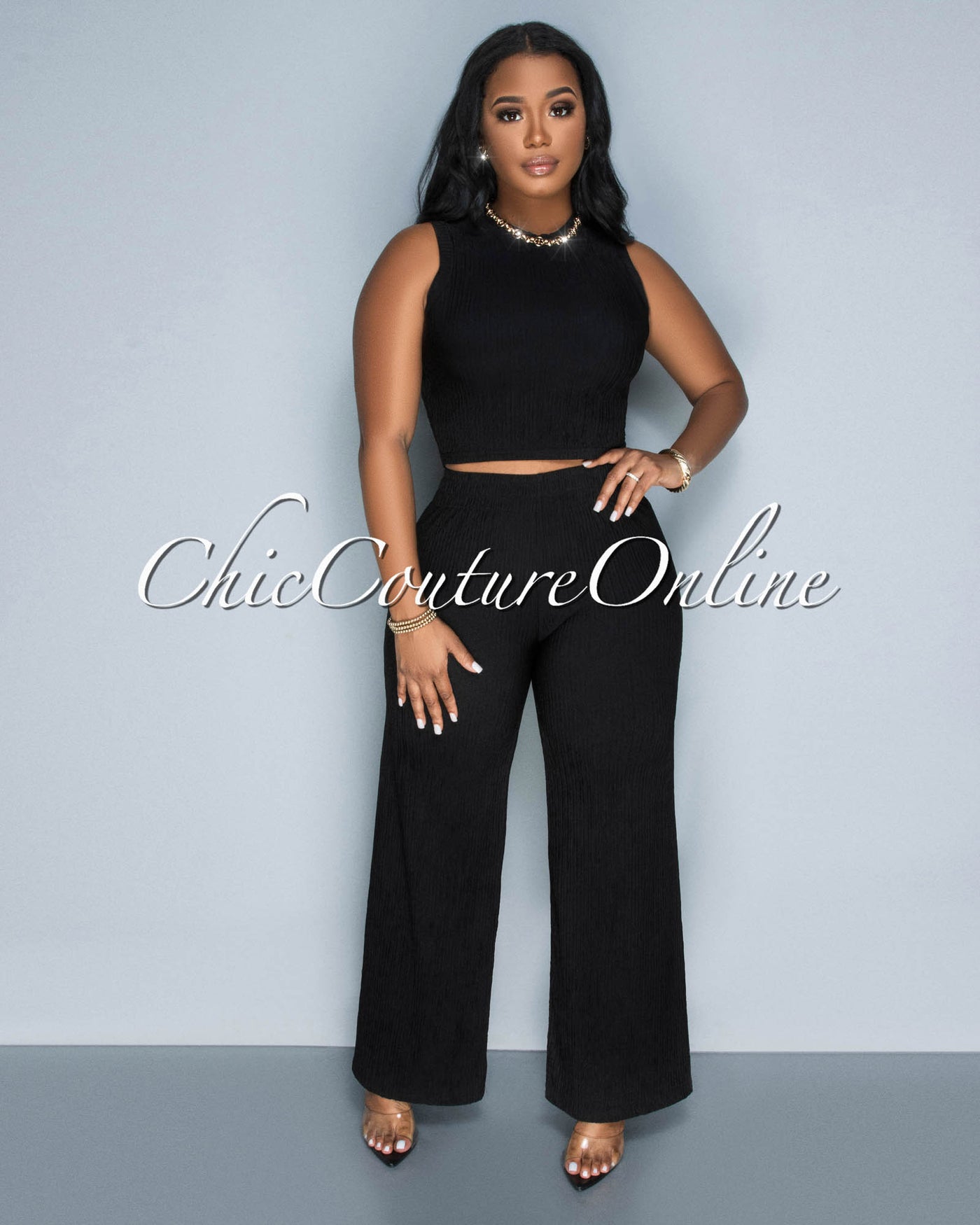 Katye Black Front Crop Top & Wide Pants Textured Set