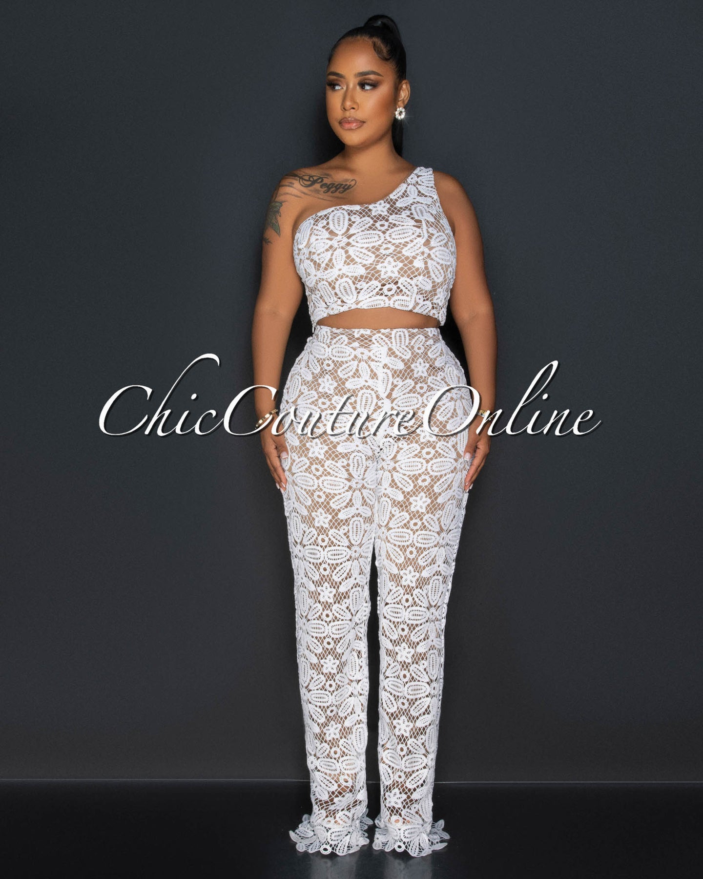 *Lumen Off-White Lace Single Shoulder Top & Flare Leg Pants Set