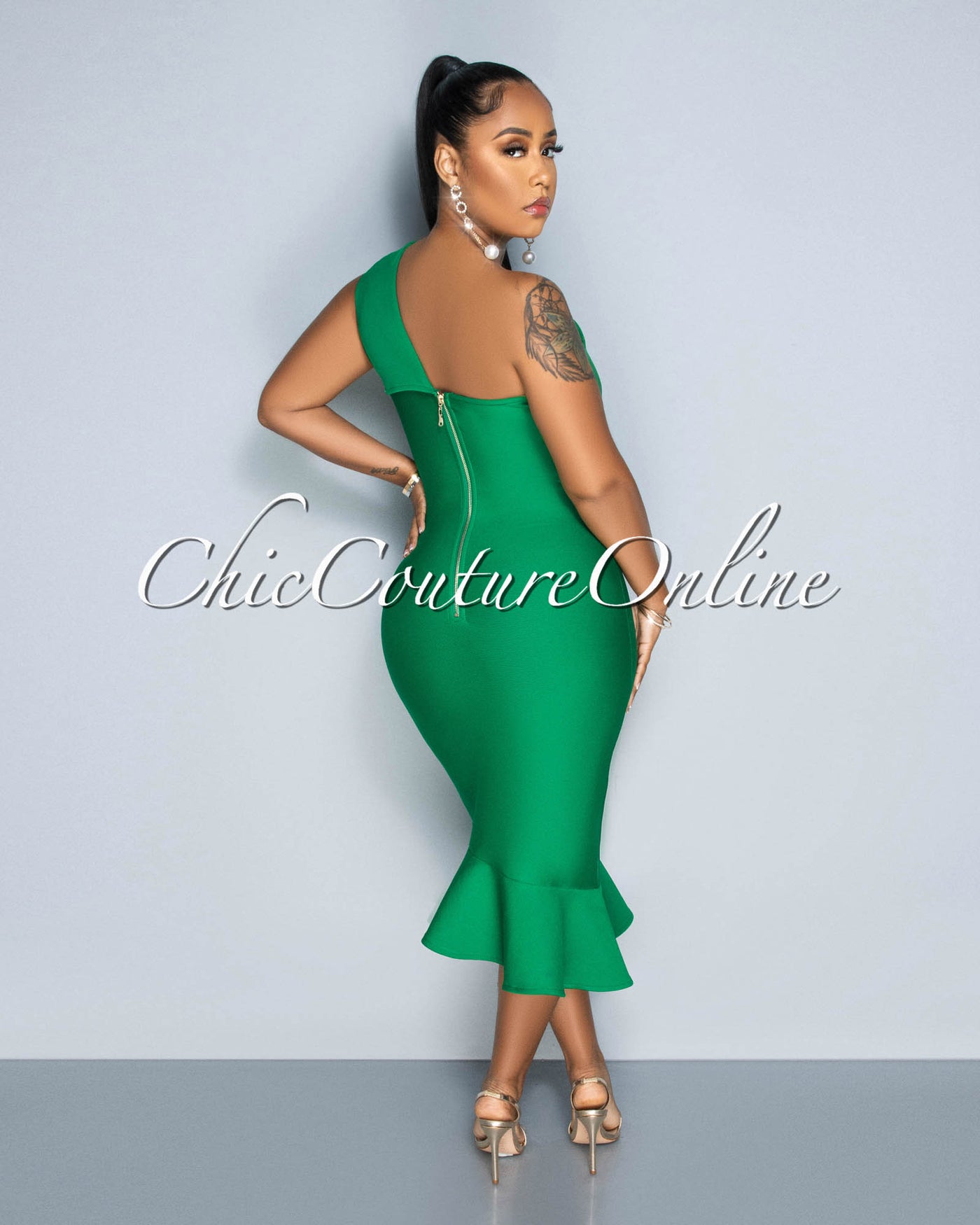 Patria Green Single Shoulder Ruffle Hem Bandage Dress