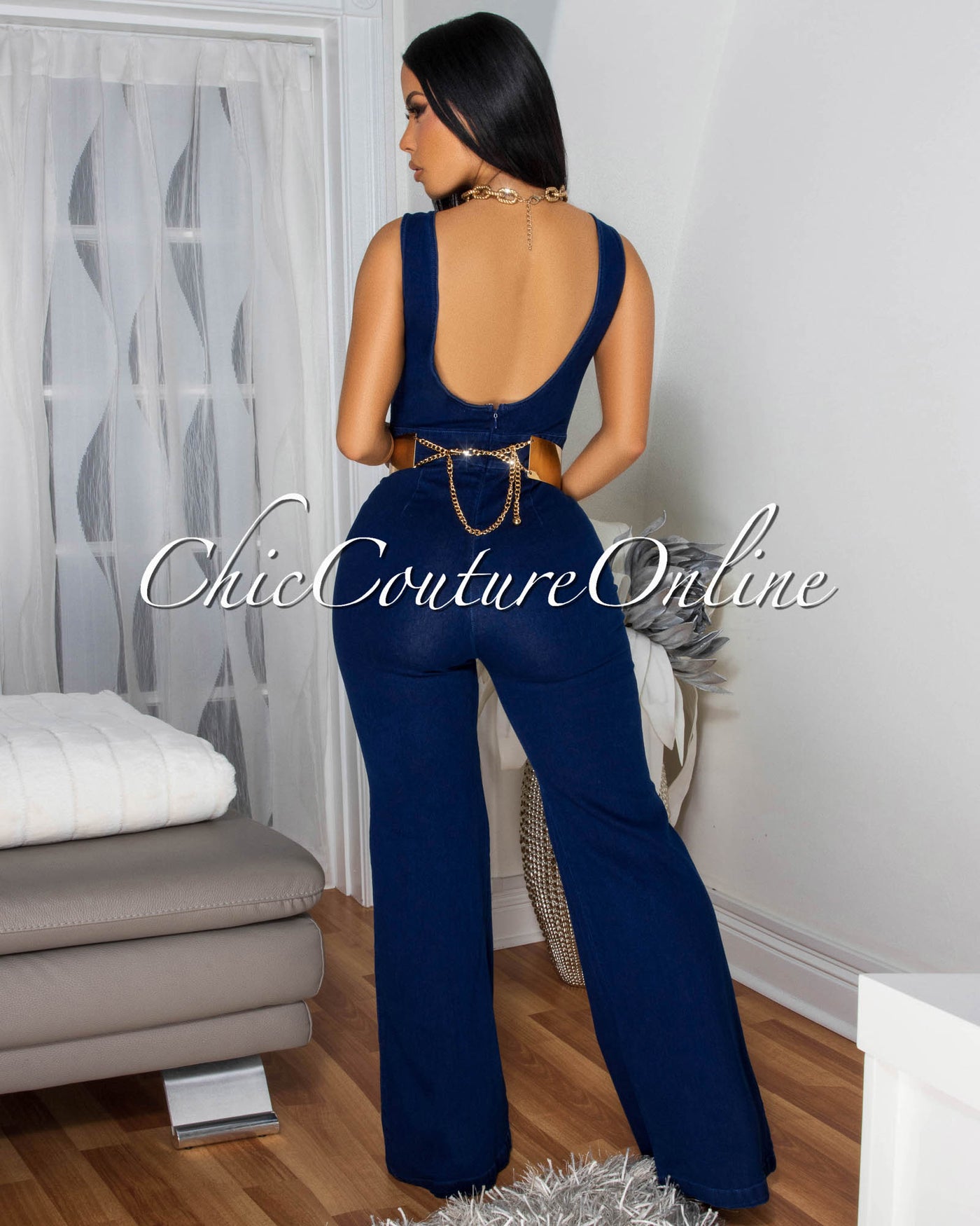 Lina Dark Denim Sleeveless Wide Legs Jumpsuit