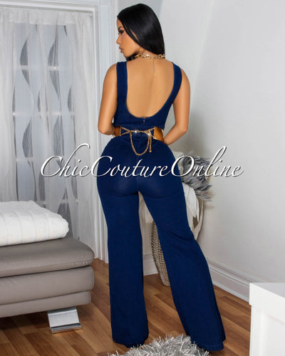 Lina Dark Denim Sleeveless Wide Legs Jumpsuit