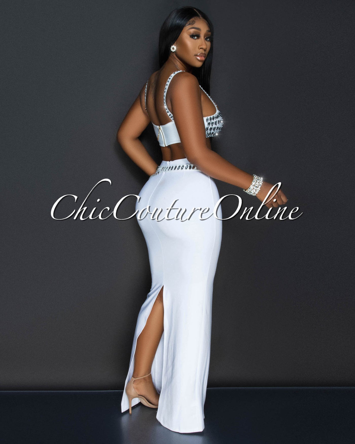 Dezire White Rhinestones Crop Top & Maxi Skirt Set