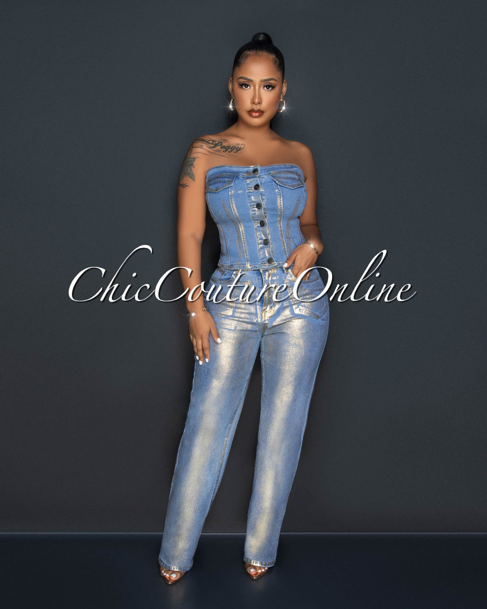 *Tamarah Denim Gold Foil Wide Jeans