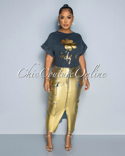Kavia Denim Gold Foil Front Slit Maxi Cargo Skirt