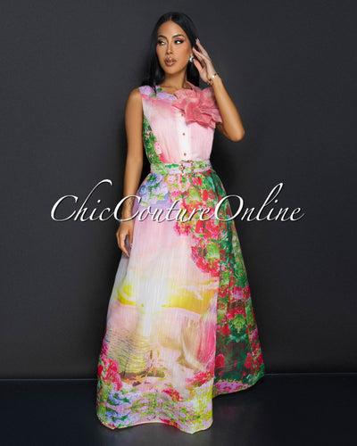 Devika Pink Multi-Color Flower Accent Top & Maxi Skirt Set