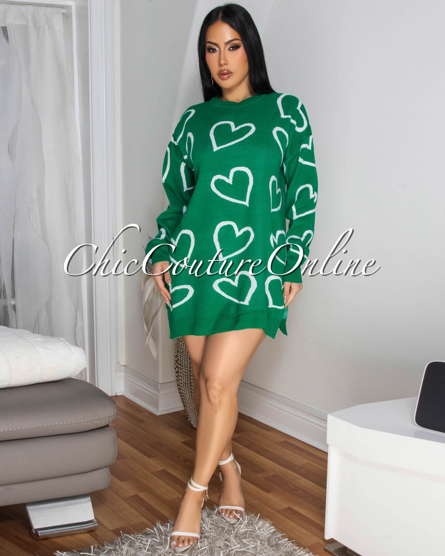 Sultana Green White Hearts Sweater Dress